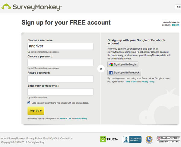 Survey Monkey chose to keep their sign up form short