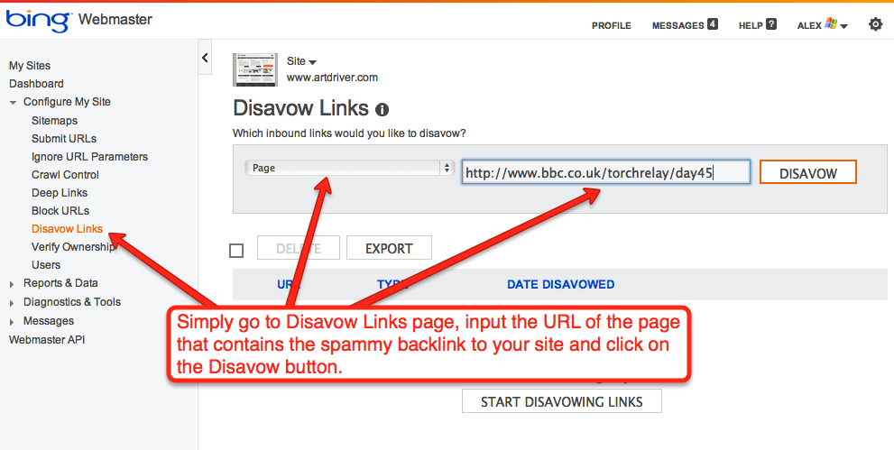 How to disavow a link in Bing Webmaster Tools